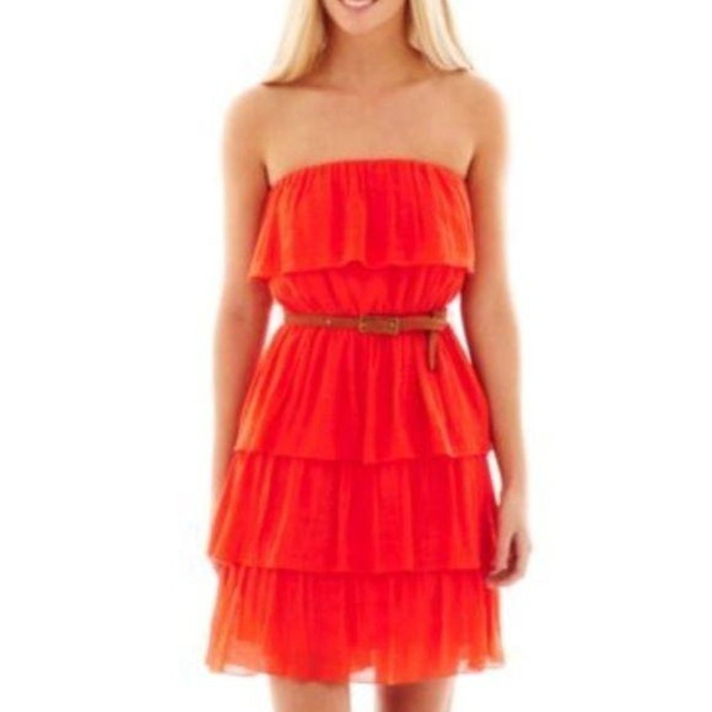 by & by Orange Strapless Gauze Summer Dress